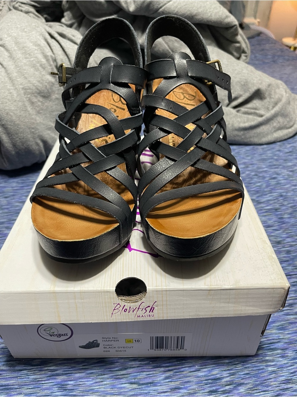 Blowfish Black Strappy Wedge Sandals with Tan Footbed